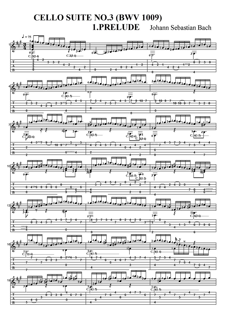タブ譜付き楽譜 ヨハン・ゼバスティアン・バッハ 無伴奏チェロ組曲第３