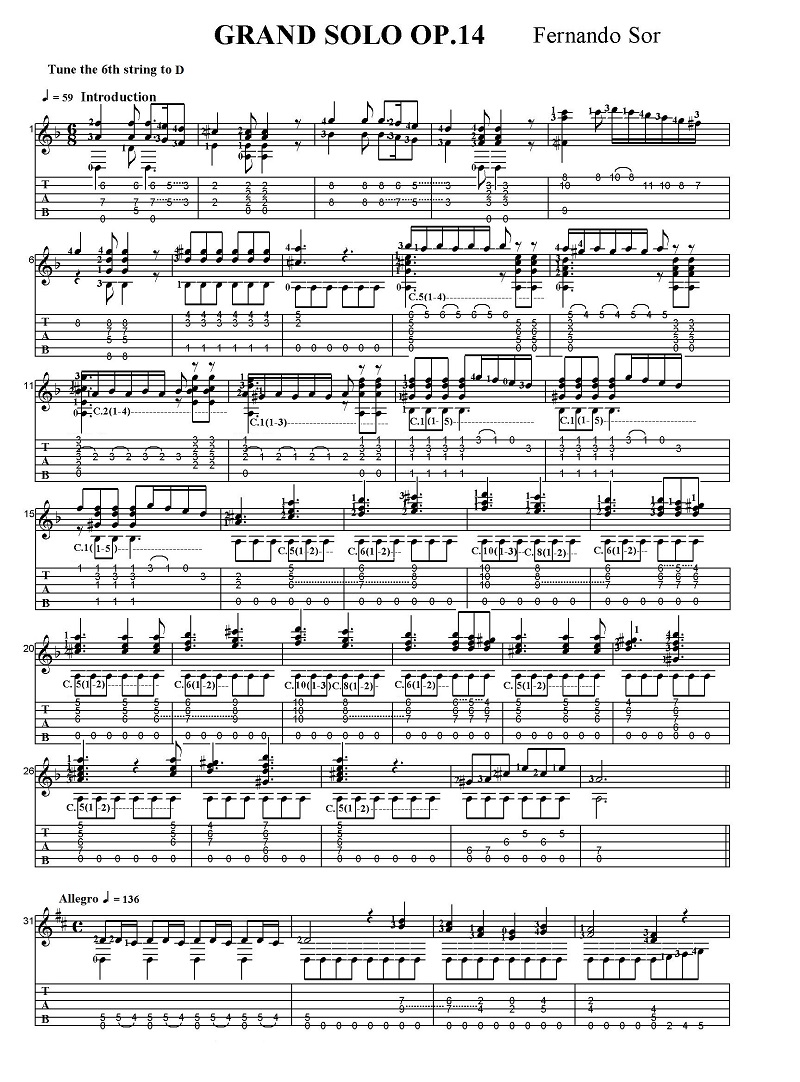 タブ譜付き楽譜 フェルナンド・ソル 独奏曲ー序曲とアレグロ OP.14