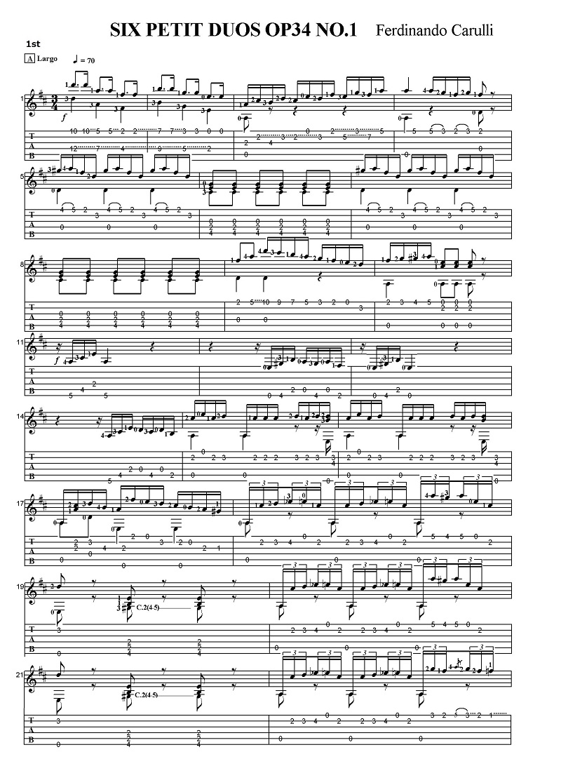 タブ譜付き楽譜 フェルディナンド・カルッリ 六つの対話風小二重奏曲 作品34 No.1 Sheet music with Tab Ferdinando  Carulli SIX PETIT DIOS OP.34 NO.1