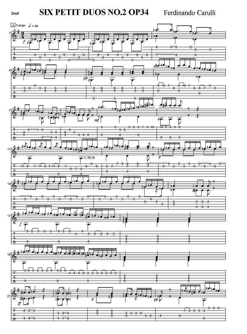 タブ譜付き楽譜 フェルディナンド・カルッリ 六つの対話風小二重奏曲 作品34 No.2 Sheet music with Tab Ferdinando  Carulli SIX PETIT DIOS OP.34 NO.2