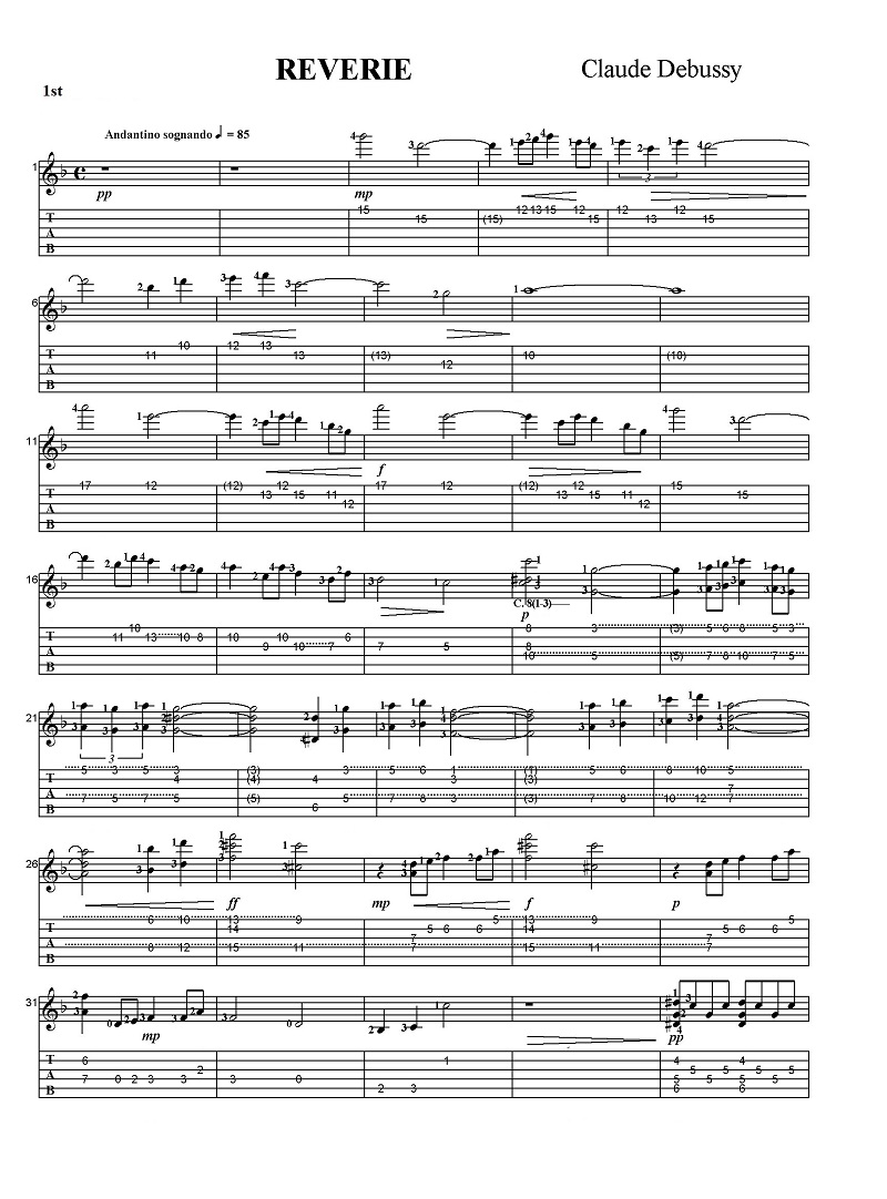 タブ譜付き楽譜 クロード・ドビュッシー 夢 Sheet music with Tab Claude Debussy REVERIE