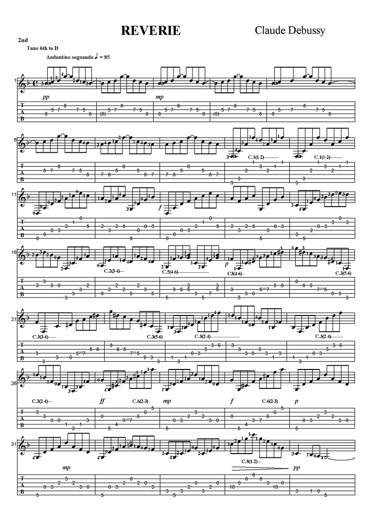 タブ譜付き楽譜 クロード・ドビュッシー 夢 Sheet music with Tab Claude Debussy REVERIE