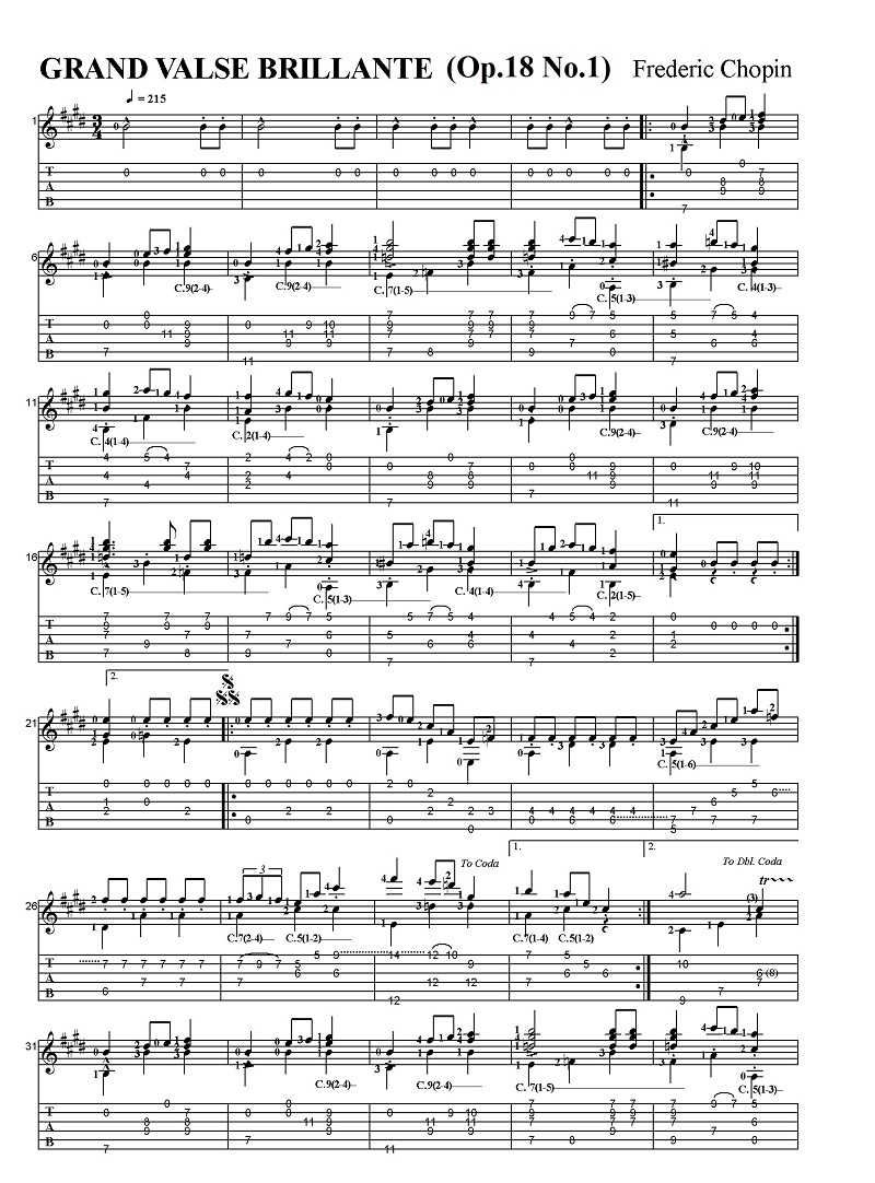 タブ譜付き楽譜 フレデリック・ショパン 華麗なる大円舞曲ワルツ第一番